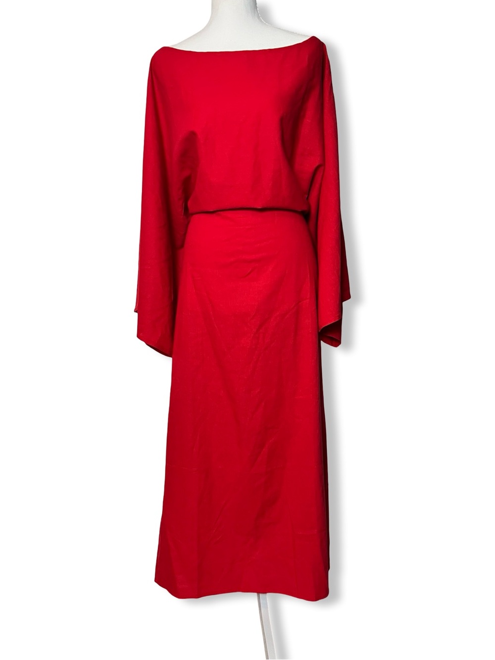 100% Linen Red Blouson Maxi Dress Kimono Cape Sleeve Like New Sz. M